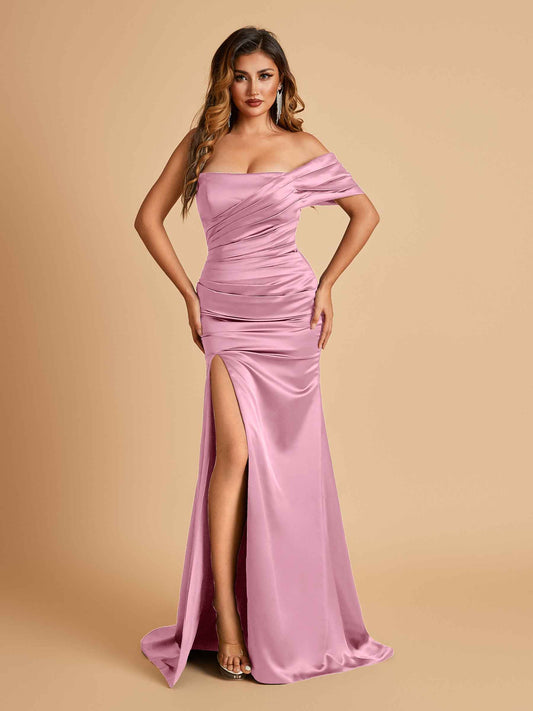 Satin One-shoulder Long Bridesmaid Dresses Side Slit With Pleats Mermaid