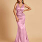 Sexy Satin Criss-cross Back Prom Dresses Mermaid Deep V-neck Back Pleats Floor Length