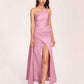 Sexy Satin Halter Strap Sheath Prom Dresses Side Slit Pleats Floor Length