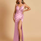 Sexy Satin Spaghetti Straps Prom Dresses V-neck Side Slit Pleats Floor Length Sheath