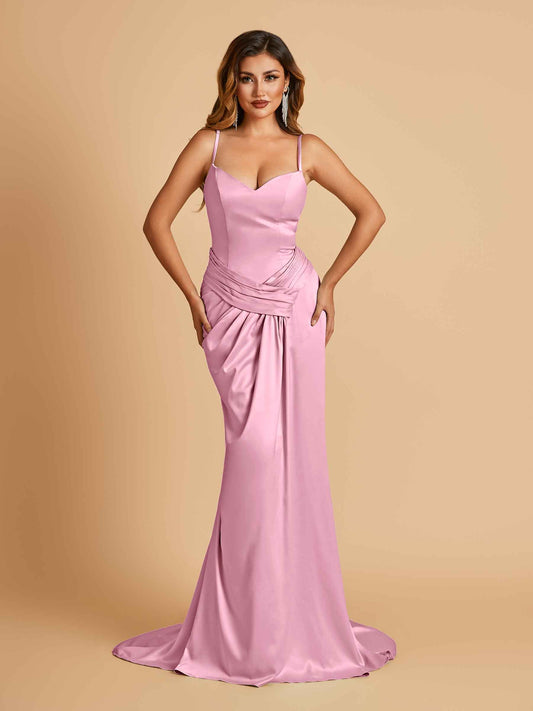 Satin Mermaid Sweetheart Bridesmaid Dresses Spaghetti Straps With Pleats Floor Length