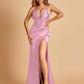Sexy Sweetheart Sheath Prom Dresses Spaghetti Straps Satin Side Slit Pleats Floor Length