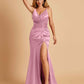 Sexy Satin Mermaid Prom Dresses Spaghetti Straps V-neck Side Slit Half Open Back