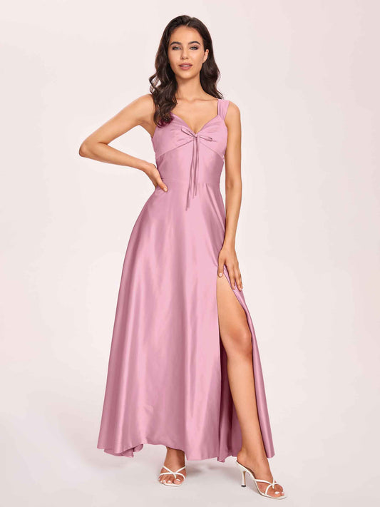Satin V-neck A-line Bridesmaid Dresses Side slit Floor Length