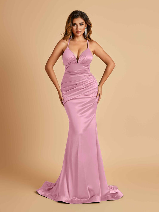 Satin Mermaid Open-back Bridesmaid Dresses Spaghetti Straps V-neck With Pleats Floor Length