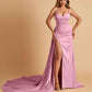 Sexy Satin Sheath Prom Dresses Spaghetti Straps Sweetheart Side Slit With Train