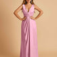 Sexy Satin Deep V-neck Long Bridesmaid Dresses A-line Pleats Sleeveless Floor Length
