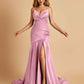 Sexy Satin Mermaid Open Back Prom Dresses Spaghetti Straps V-neck Side Slit