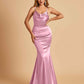 Satin Mermaid Open Back Prom Dresses Spaghetti Straps Scoop Floor Length