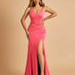 Jersey Mermaid Bridesmaid Dresses Spaghetti Straps V-neck Side Slit Pleats Floor Length