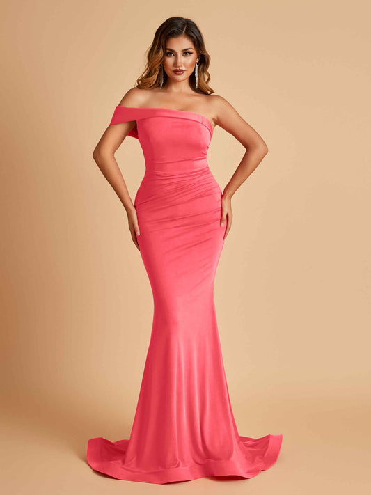 Sexy Jersey One Shoulder Bridesmaid Dresses Mermaid Pleats Floor Length Unique