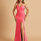 Sexy Jersey Mermaid Bridesmaid Dresses Spaghetti Straps V-neck Criss Cross Side Slit Floor Length For Sale