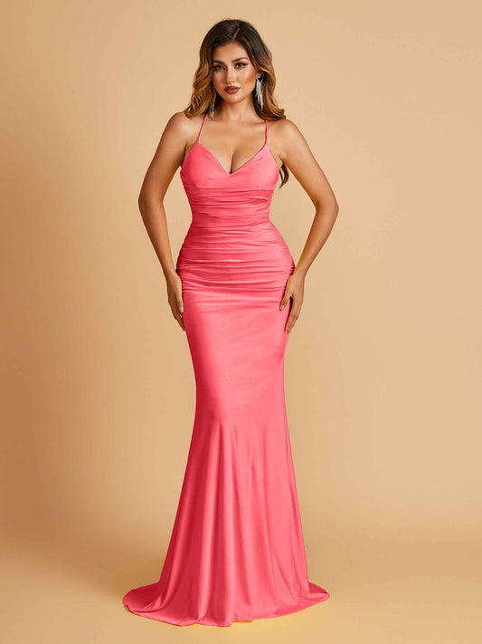 Sexy Jersey Spaghetti Straps Bridesmaid Dresses V-neck Mermaid Criss-cross Back Floor Length