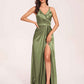 Sexy Satin A-line Bridesmaid Dresses Spaghetti Straps Side Slit V-neck Floor Length