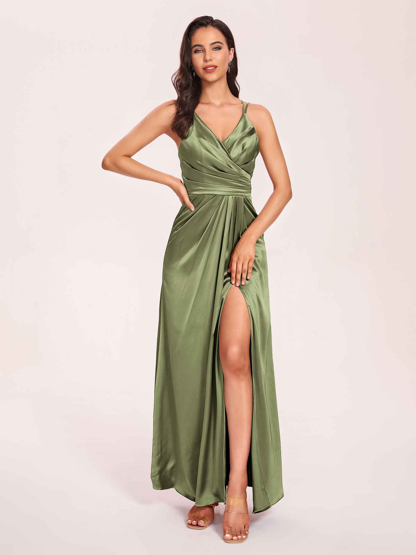 Sexy Satin A-line Bridesmaid Dresses Spaghetti Straps Side Slit V-neck Floor Length