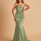 Sexy Satin Mermaid Prom Dresses Spaghetti Straps V-neck Pleats Floor Length
