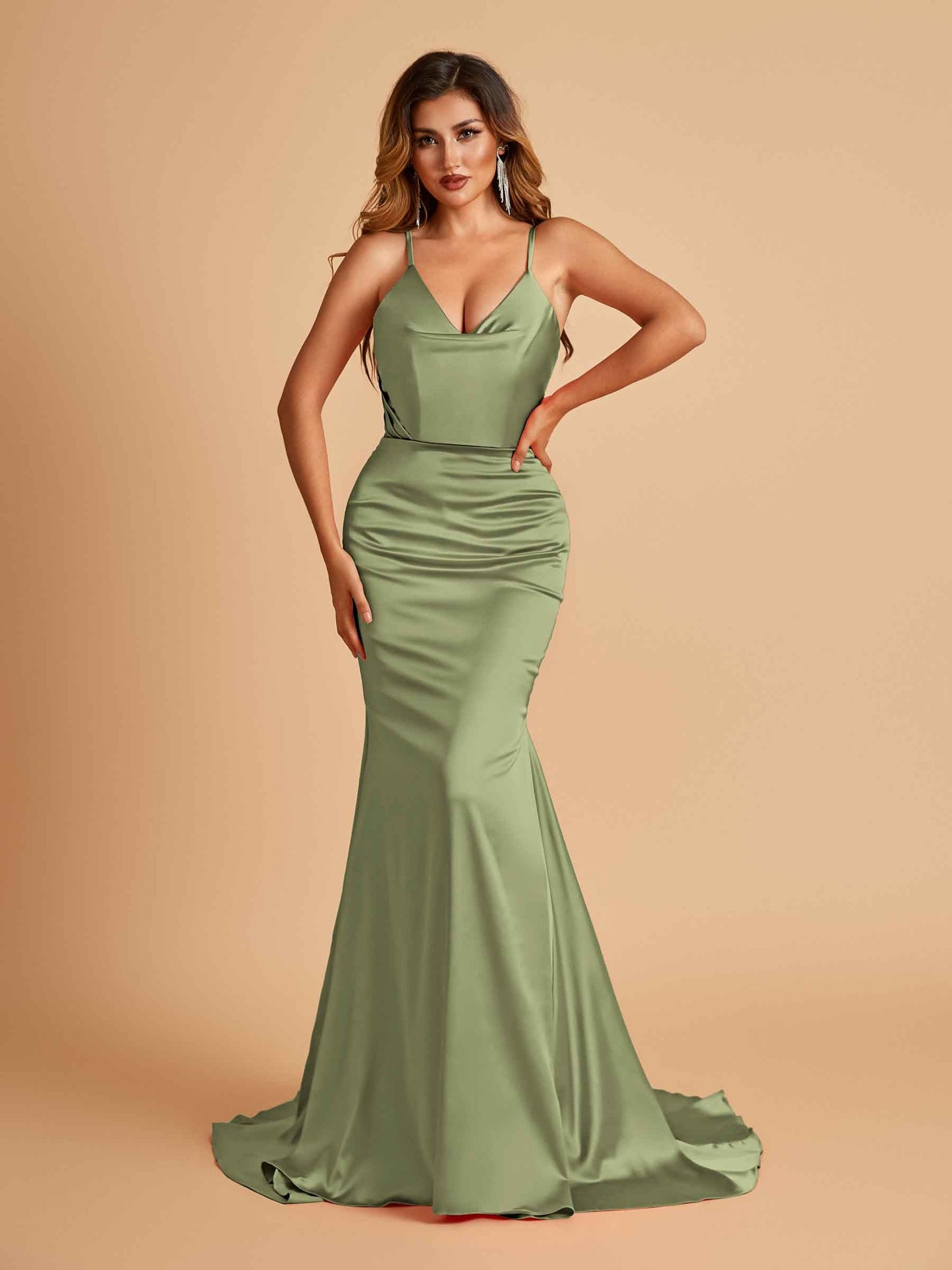 Sexy Satin Mermaid Prom Dresses Spaghetti Straps V-neck Pleats Floor Length