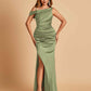 Unique Satin One Shoulder Bridesmaid Dresses Side Slit Half Open Back Floor Length
