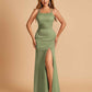 Satin Mermaid Long Bridesmaid Dresses Spaghetti Straps Scoop Side Slit Criss-cross Back