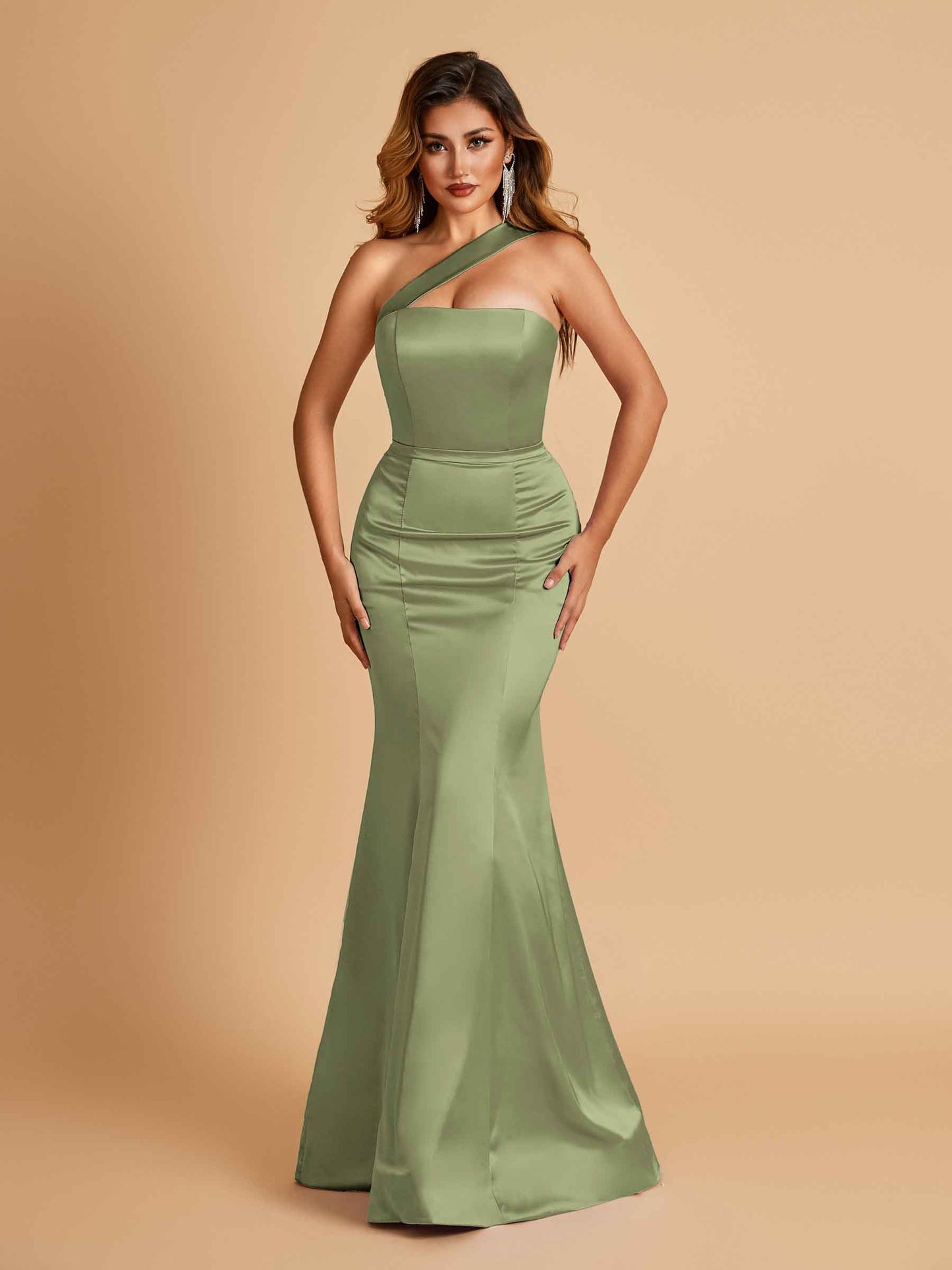 Sexy Satin Mermaid Bridesmaid Dresses One Shoulder Floor Length