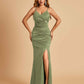 Sexy Satin Mermaid Bridesmaid Dresses Spaghetti Straps V-neck Side Slit Floor Length