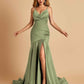 Sexy Satin Mermaid Open Back Prom Dresses Spaghetti Straps V-neck Side Slit