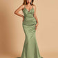 Satin Mermaid V-neck Prom Dresses Spaghetti Straps Floor Length