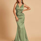 Sexy Satin Criss-cross Back Prom Dresses Mermaid Deep V-neck Back Pleats Floor Length