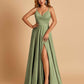 Satin A-line Long Prom Dresses Spaghetti Straps V-neck Side Slit Floor Length