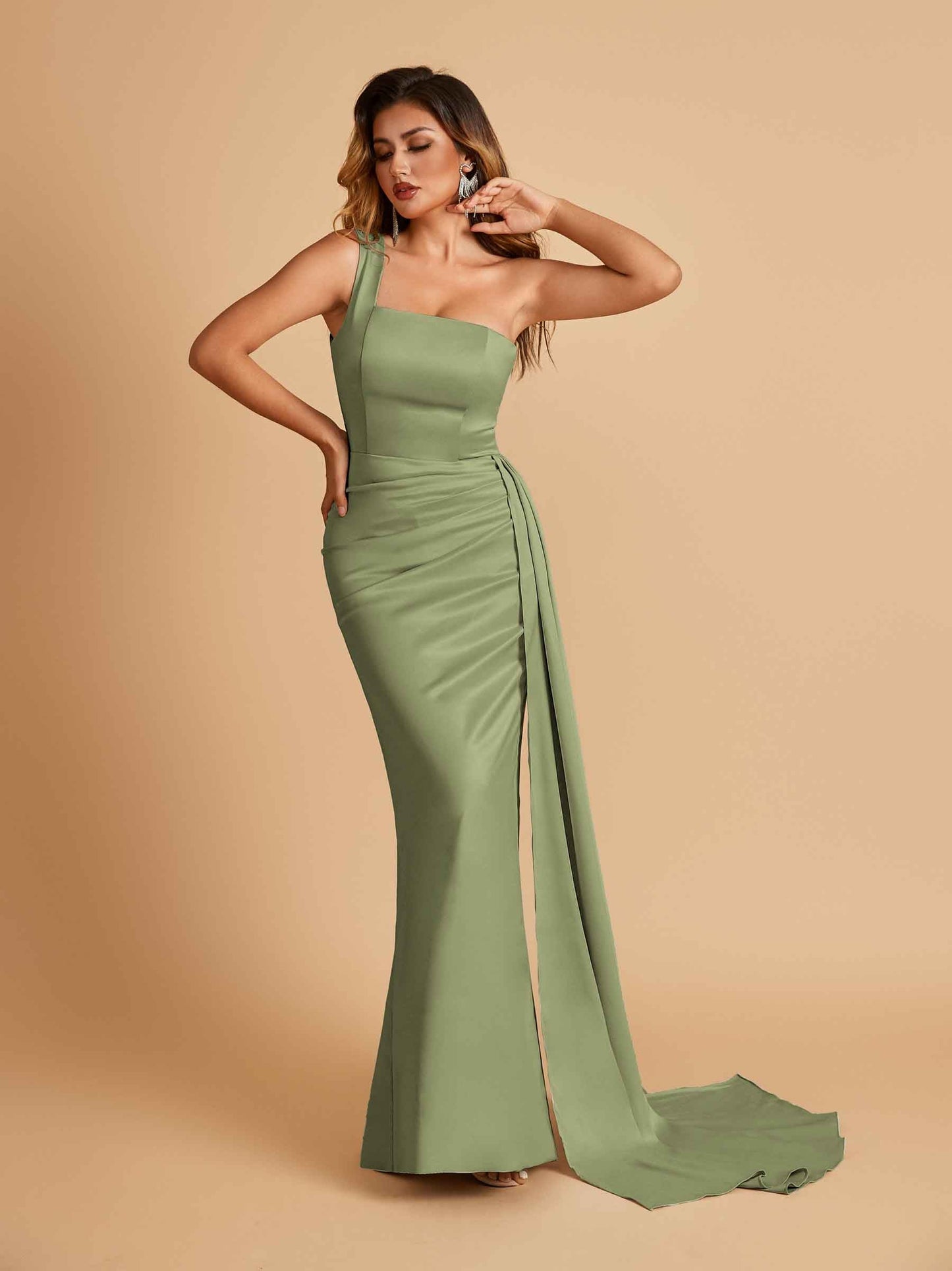 Sexy Satin One Shoulder Mermaid Prom Dresses Pleats Floor Length