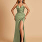 Sexy Satin Halter Straps Sheath Prom Dresses Side Slit Pleats Floor Length