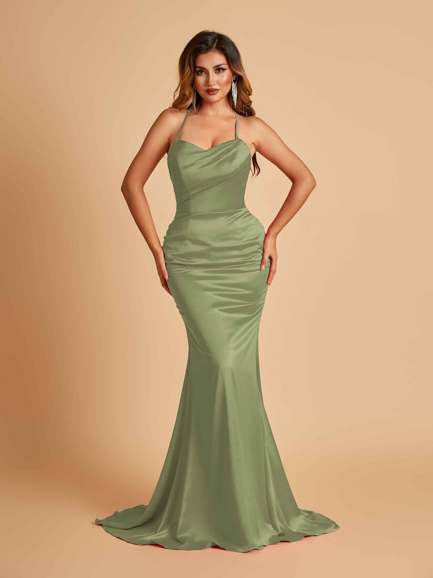 Sexy Satin Mermaid Bridesmaid Dresses Spaghetti Straps Scoop Criss-cross Back