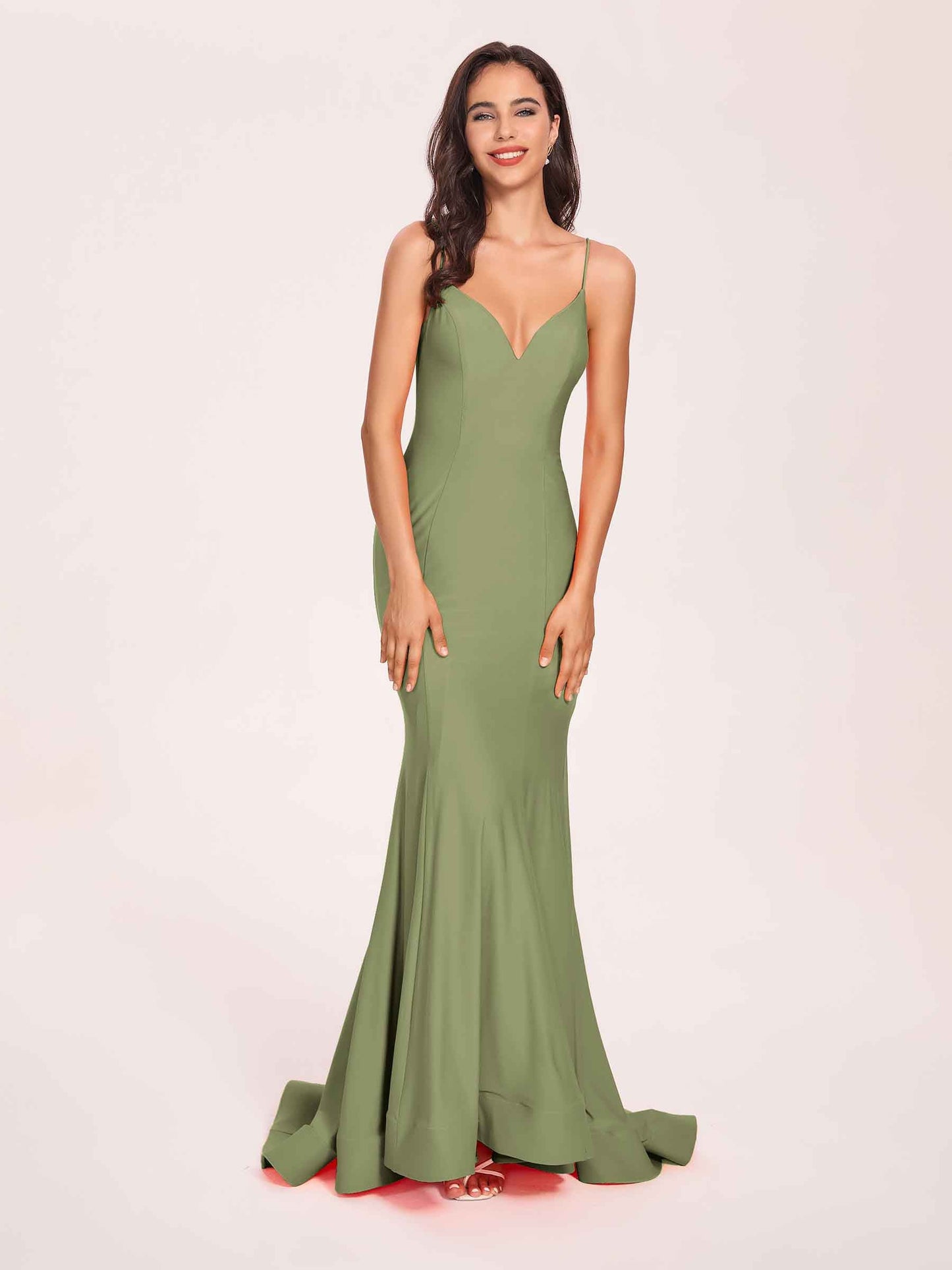 Sexy Satin Mermaid Prom Dresses Spaghetti Straps V-neck Floor Length Lace-up Back