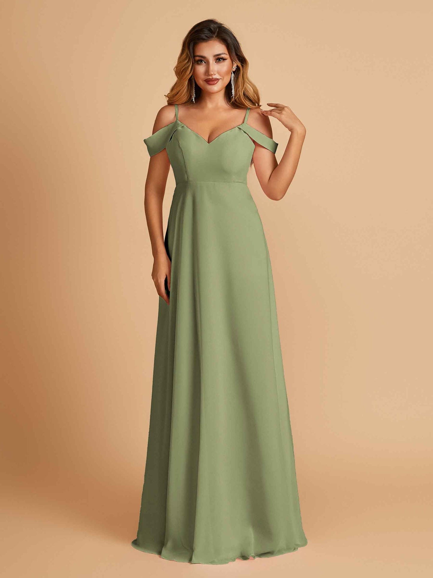 Chiffon Off-shoulder Long Bridesmaid Dresses V-neck Floor Length A-line