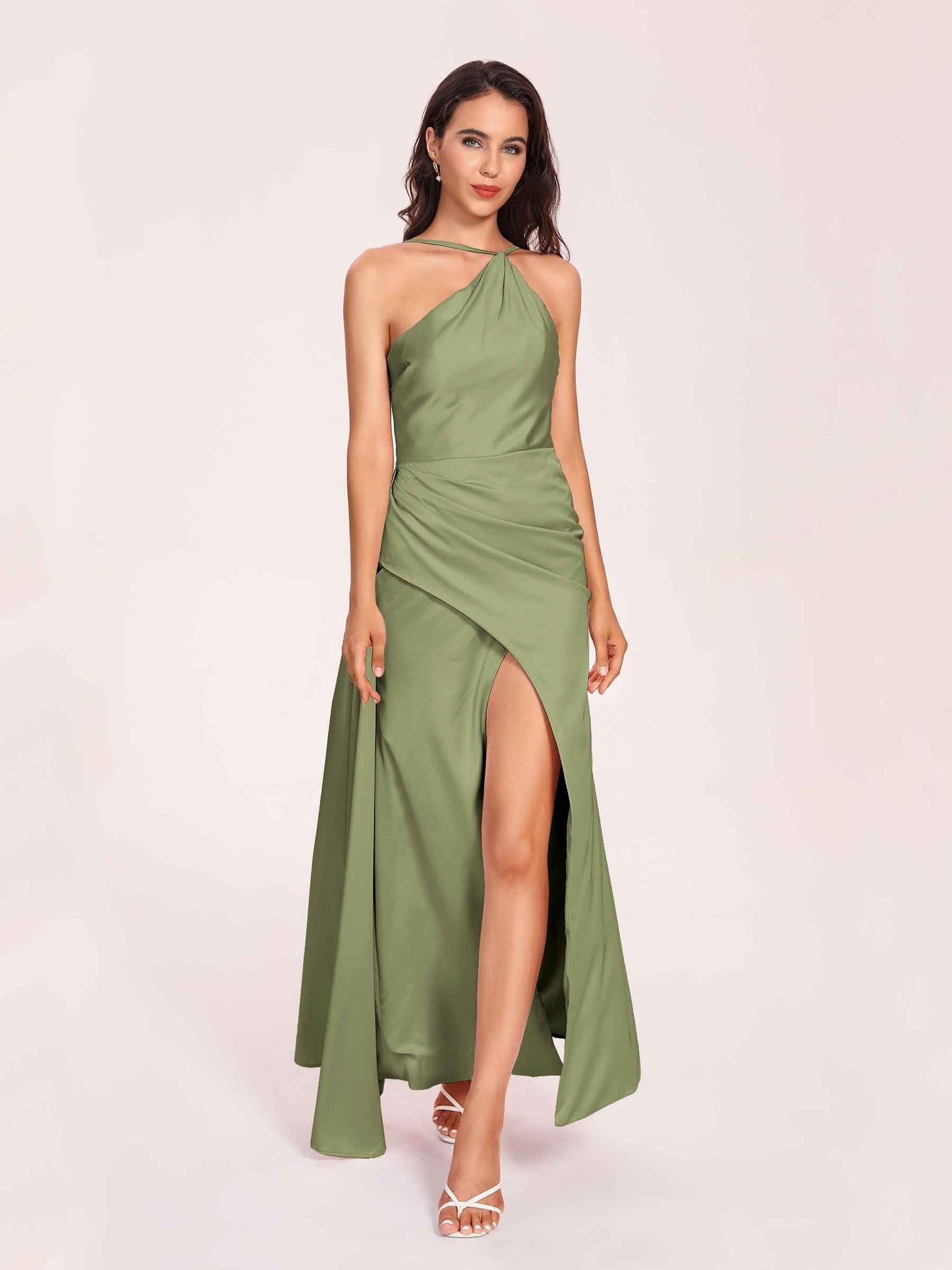 Sexy Satin Halter Strap Sheath Prom Dresses Side Slit Pleats Floor Length
