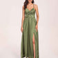 Satin Spaghetti Straps A-line Bridesmaid Dresses Side Slit Floor Length