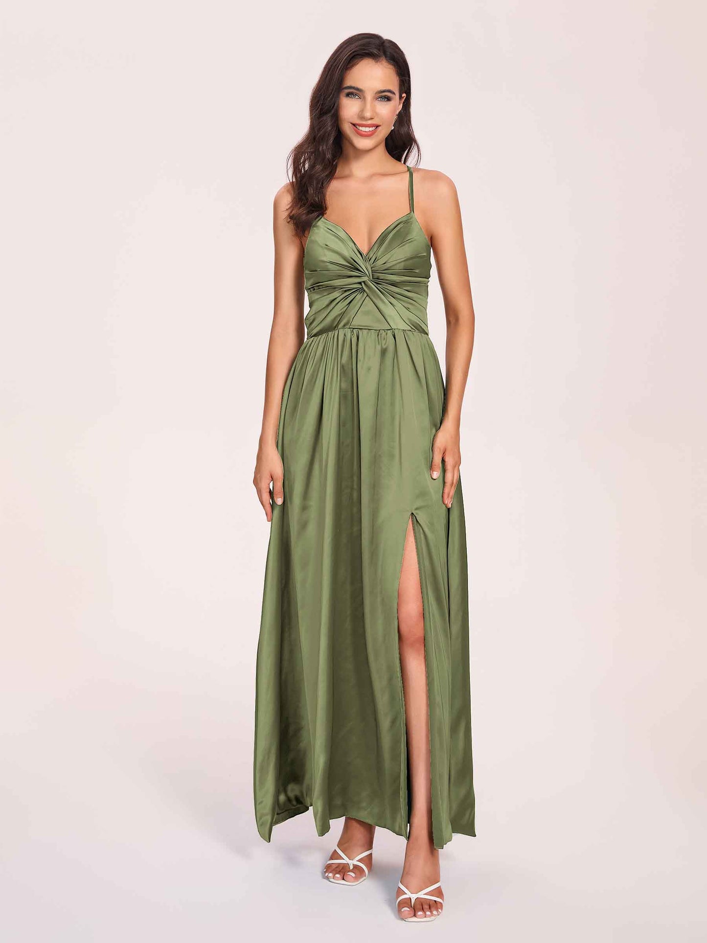 Satin Spaghetti Straps A-line Bridesmaid Dresses Side Slit Floor Length