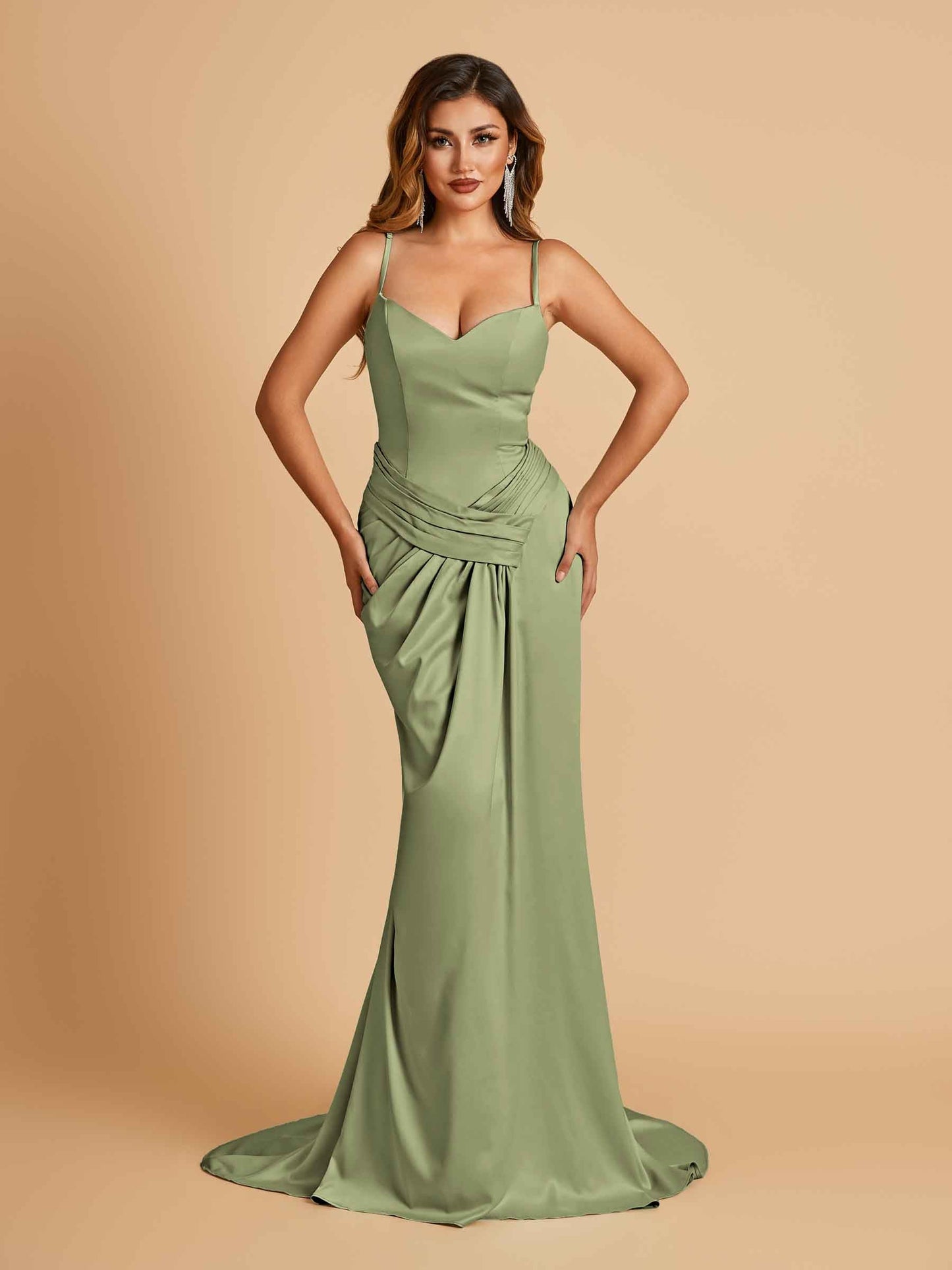 Satin Mermaid Sweetheart Prom Dresses Spaghetti Straps With Pleats Floor Length