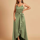 Satin Asymmetric V-neck Bridesmaid Dresses Sleeveless Side Slit A-line Unique For Sale