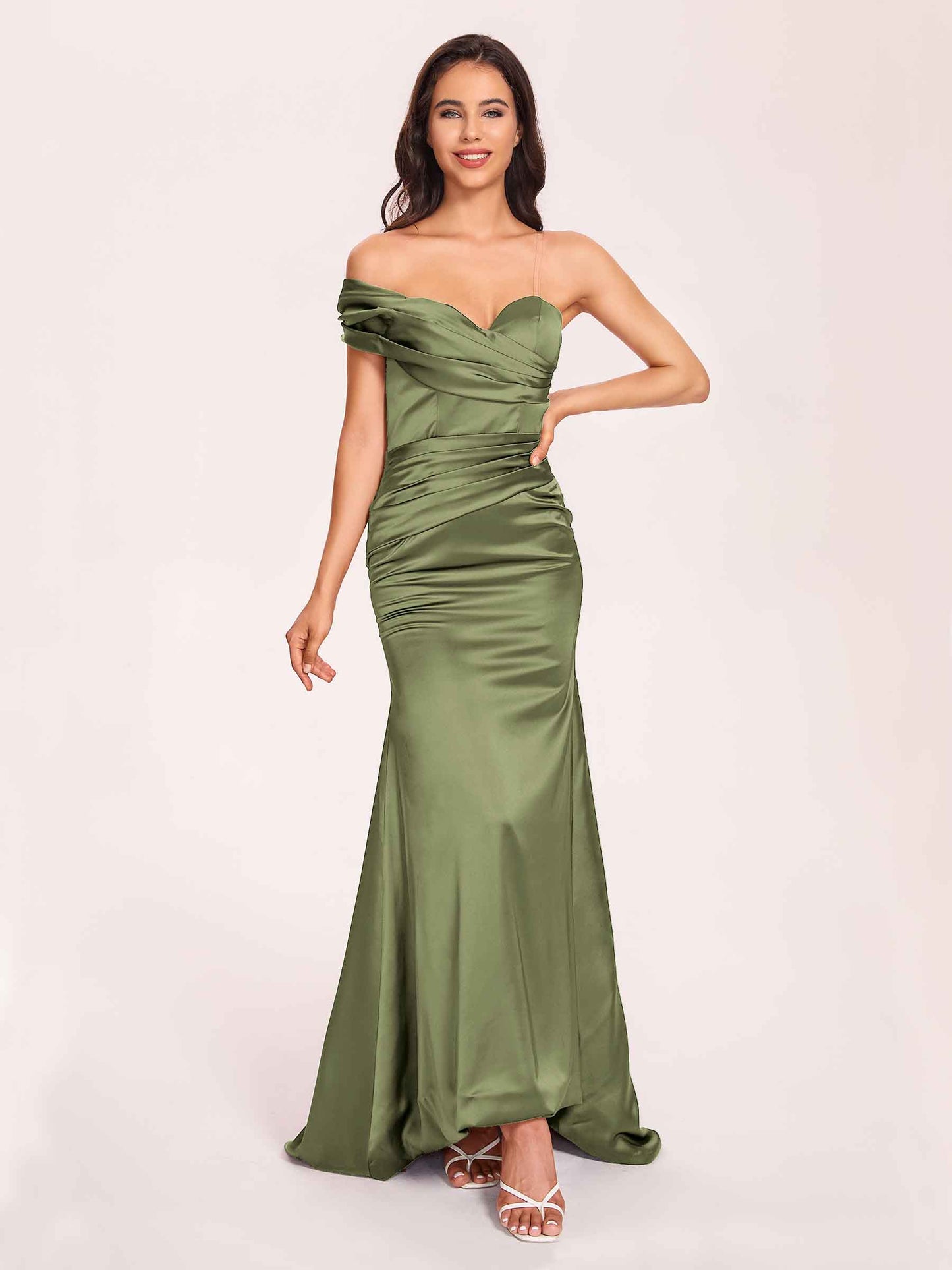 Satin One-shoulder Bridesmaid Dresses Pleats Floor Length Mermaid Long