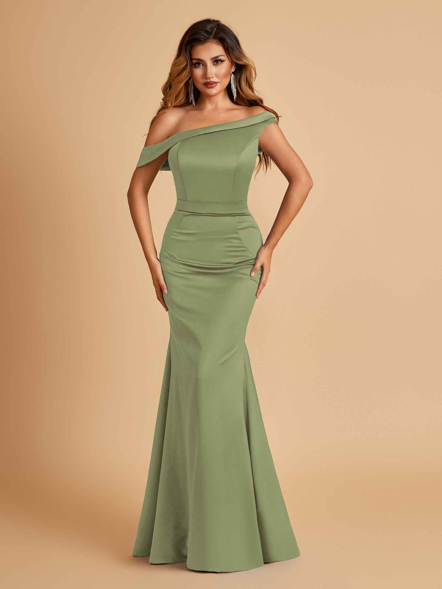 Charming Satin Off Shoulder Mermaid Prom Dresses Straps Floor Length