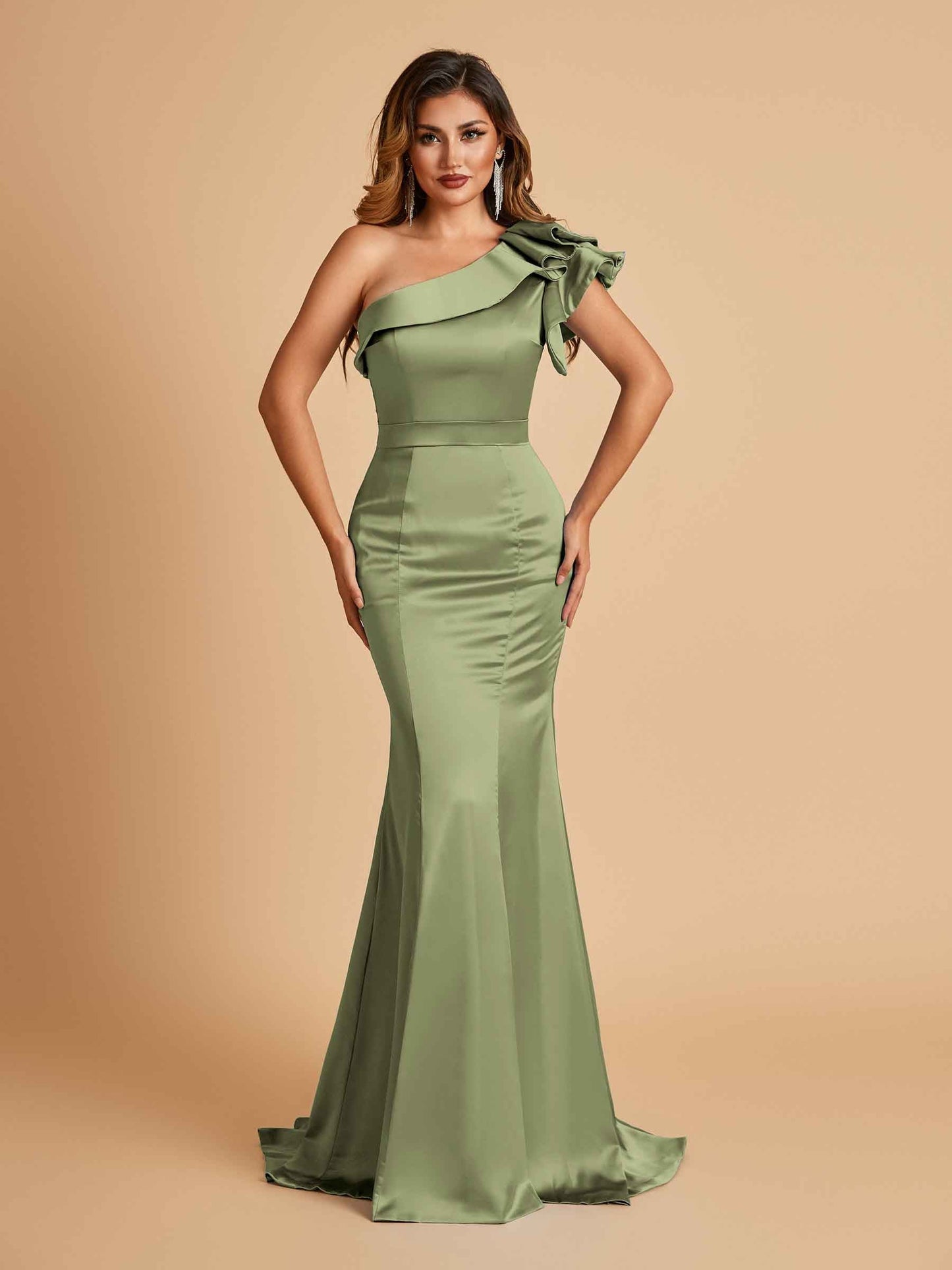 Satin One-shoulder Bridesmaid Dresses Ruffle Sleeves Mermaid Floor Length For Sale