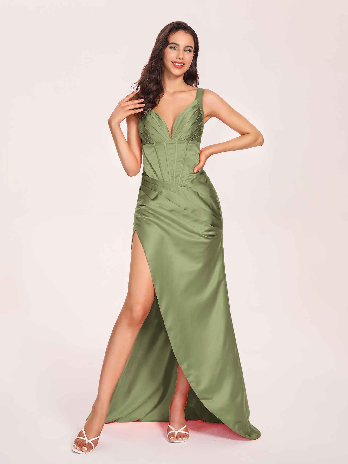 Satin Spaghetti Straps Corset Prom Dresses Pleats Side-Slit Sheath Floor Length