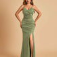 Sexy Satin Mermaid Prom Dresses Spaghetti Straps V-neck Side Slit Floor Length
