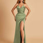 Sexy Satin Halter Straps Sheath Bridesmaid Dresses Side Slit Pleats Floor Length