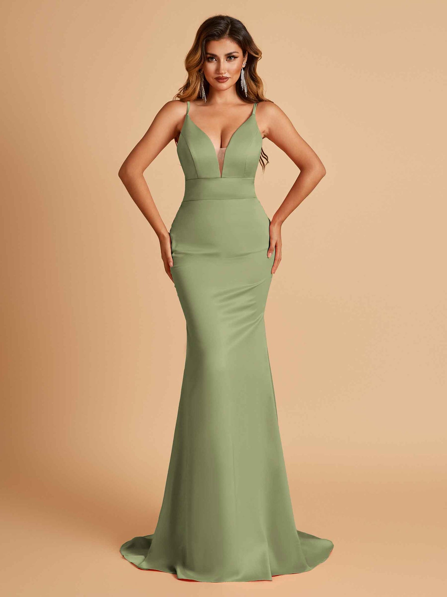 Satin Deep V-neck Mermaid Bridesmaid Dresses Open Back Floor Length