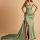 Sexy Satin Sheath Bridesmaid Dresses Strapless Sweetheart Side Slit With Train