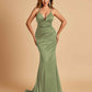 Satin Mermaid Open-back Prom Dresses Spaghetti Straps V-neck With Pleats Floor Length