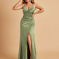 Sexy Satin Sheath Bridesmaid Dresses Spaghetti Straps V-neck Side Slit Pleats Floor Length For Sale