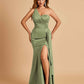 Satin One Shoulder Mermaid Prom Dresses Side Slit Floor Length